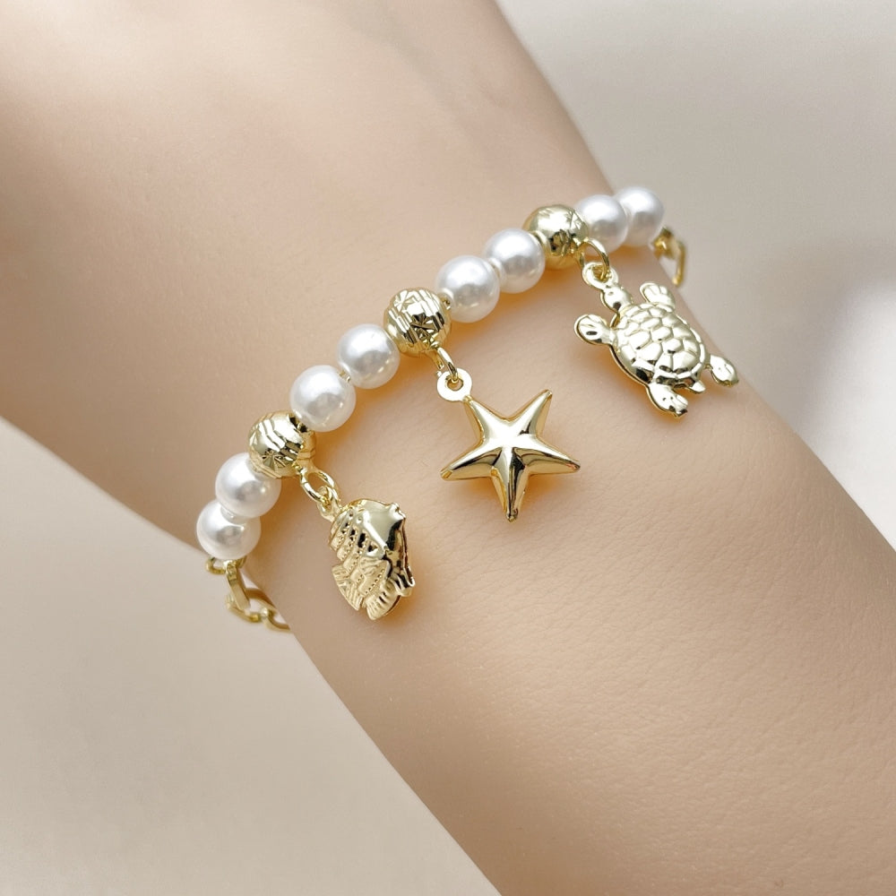 Oro Laminado Charm Bracelet, Gold Filled Style Fish and Turtle Design, with Ivory Pearl, Polished, Golden Finish