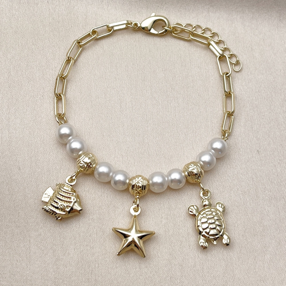 Oro Laminado Charm Bracelet, Gold Filled Style Fish and Turtle Design, with Ivory Pearl, Polished, Golden Finish