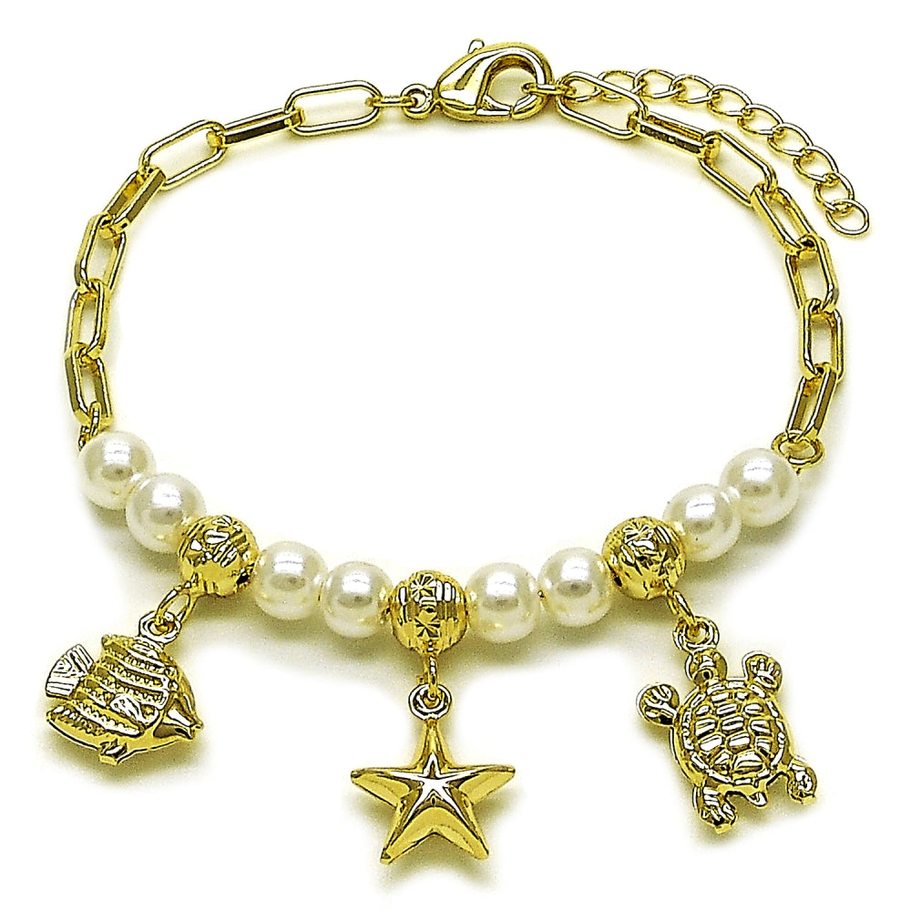 Oro Laminado Charm Bracelet, Gold Filled Style Fish and Turtle Design, with Ivory Pearl, Polished, Golden Finish