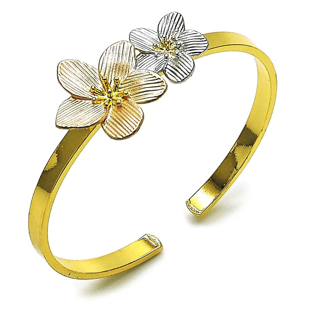Oro Laminado Individual Bangle, Gold Filled Style Flower Design, Diamond Cutting Finish, Tricolor