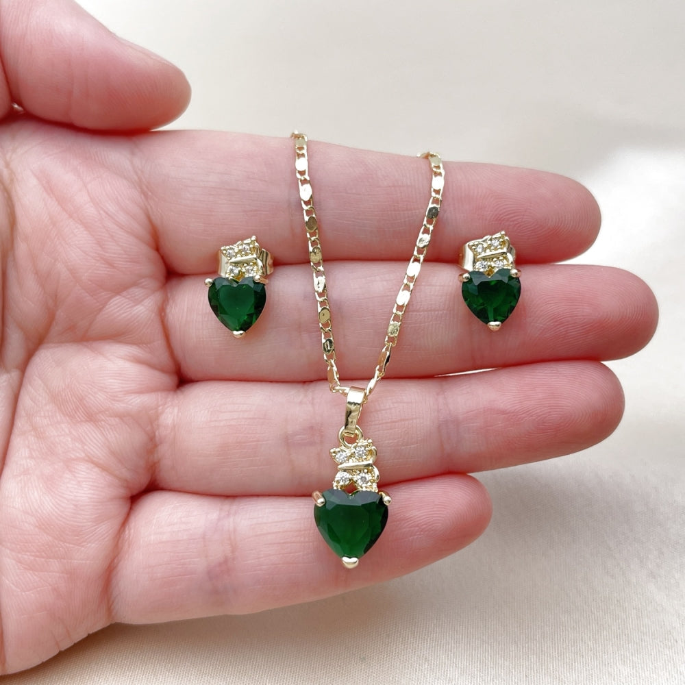 Oro Laminado Earring and Pendant Adult Set, Gold Filled Style Heart and Butterfly Design, with Green and White Cubic Zirconia, Polished, Golden Finish