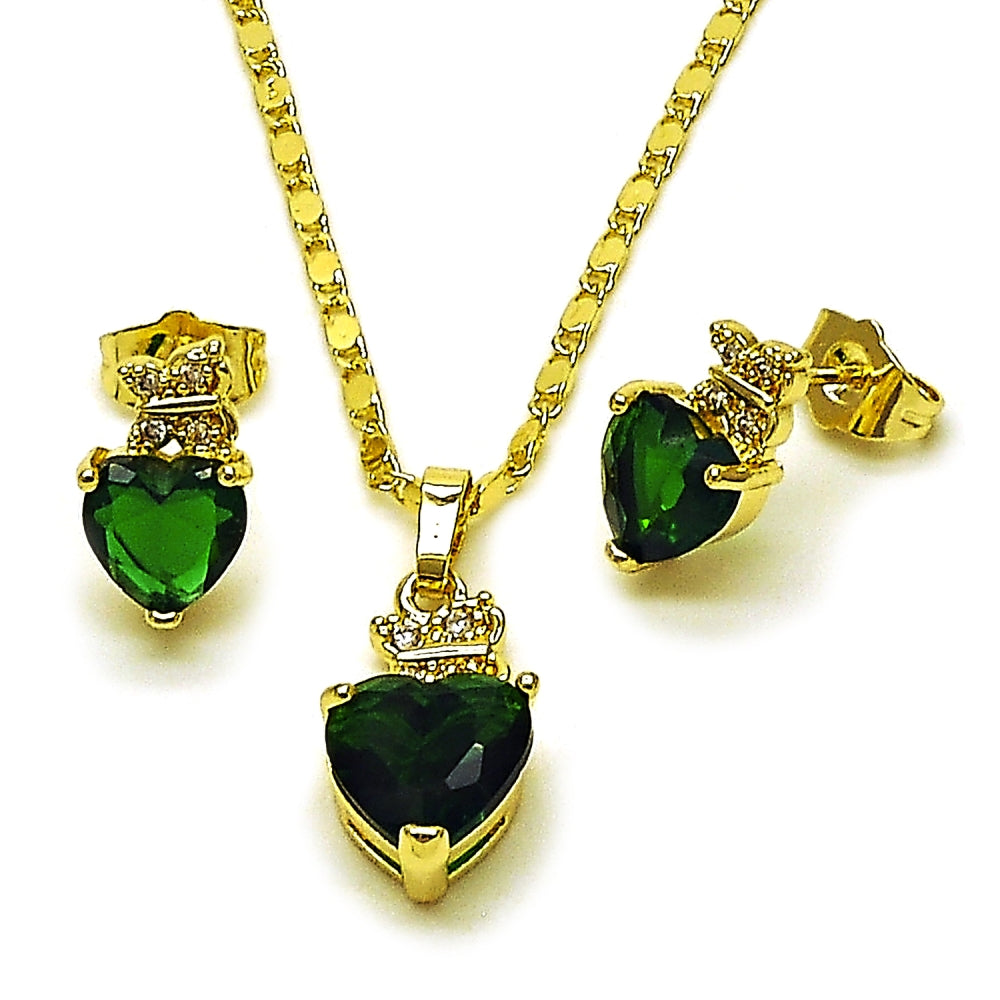 Oro Laminado Earring and Pendant Adult Set, Gold Filled Style Heart and Butterfly Design, with Green and White Cubic Zirconia, Polished, Golden Finish