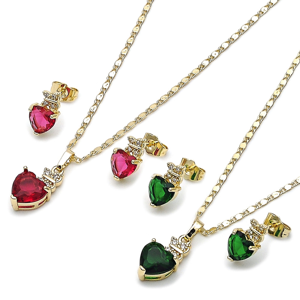 Oro Laminado Earring and Pendant Adult Set, Gold Filled Style Heart and Butterfly Design, with Green and White Cubic Zirconia, Polished, Golden Finish