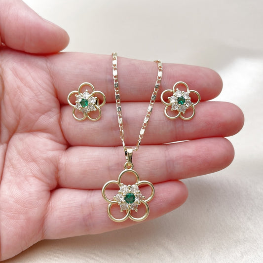 Oro Laminado Earring and Pendant Adult Set, Gold Filled Style Flower Design, with Green and White Cubic Zirconia, Polished, Golden Finish