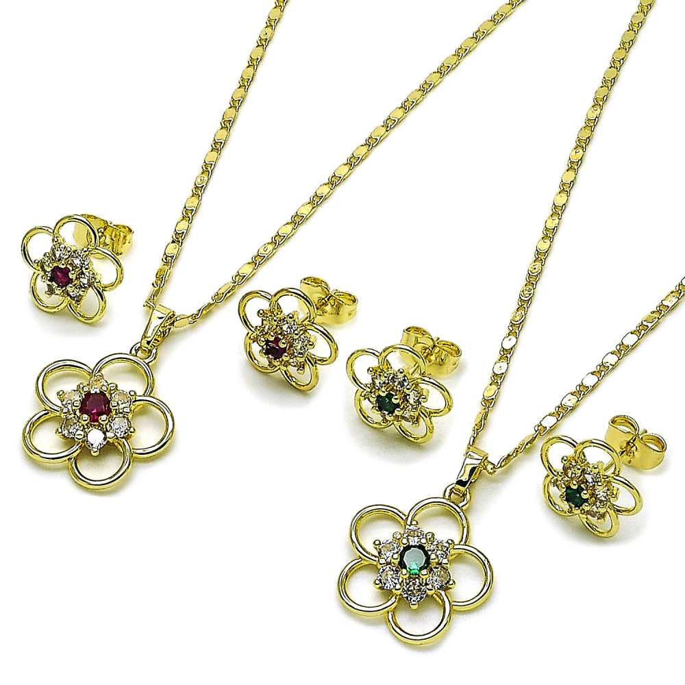Oro Laminado Earring and Pendant Adult Set, Gold Filled Style Flower Design, with Green and White Cubic Zirconia, Polished, Golden Finish