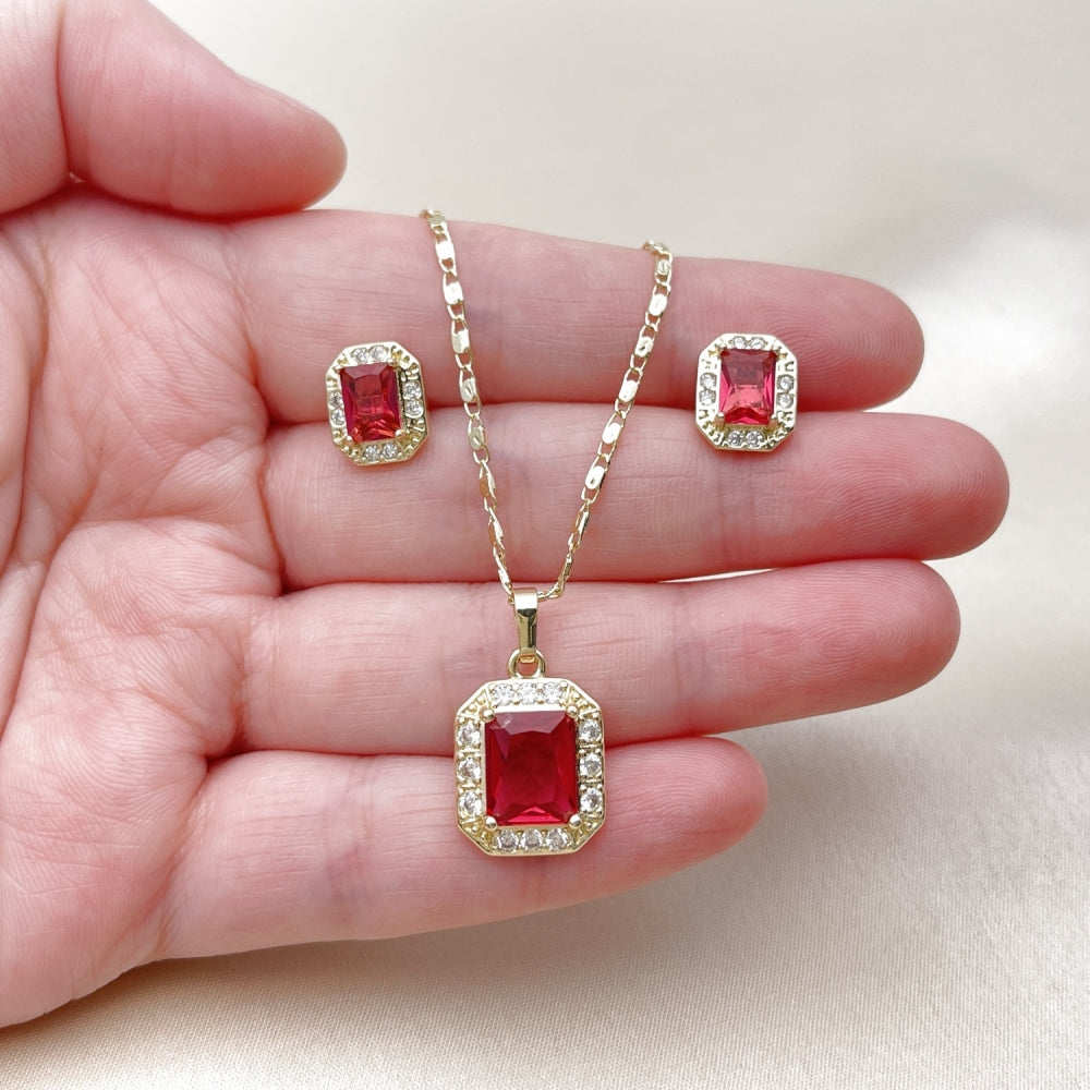Oro Laminado Earring and Pendant Adult Set, Gold Filled Style Cluster Design, with Ruby and White Cubic Zirconia, Polished, Golden Finish
