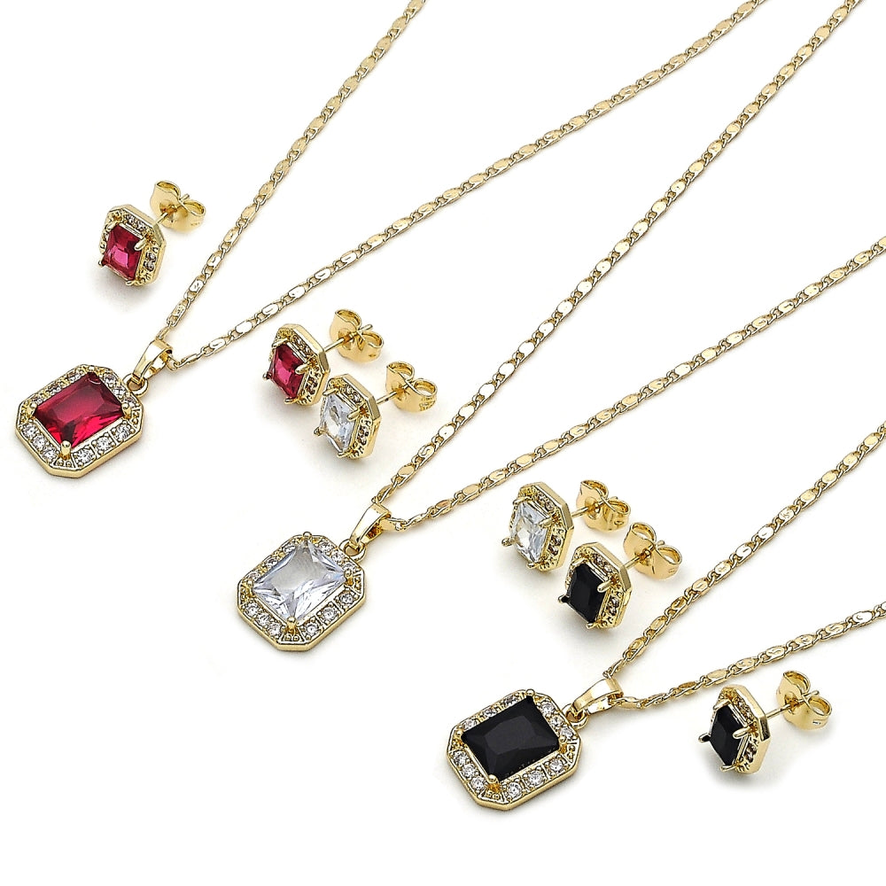 Oro Laminado Earring and Pendant Adult Set, Gold Filled Style Cluster Design, with Ruby and White Cubic Zirconia, Polished, Golden Finish