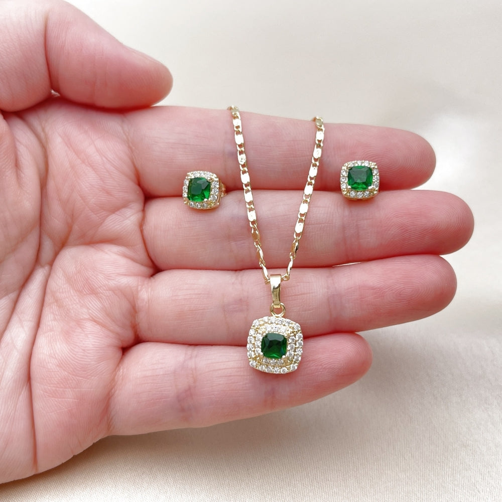 Oro Laminado Earring and Pendant Adult Set, Gold Filled Style Cluster Design, with Green Cubic Zirconia and White Micro Pave, Polished, Golden Finish