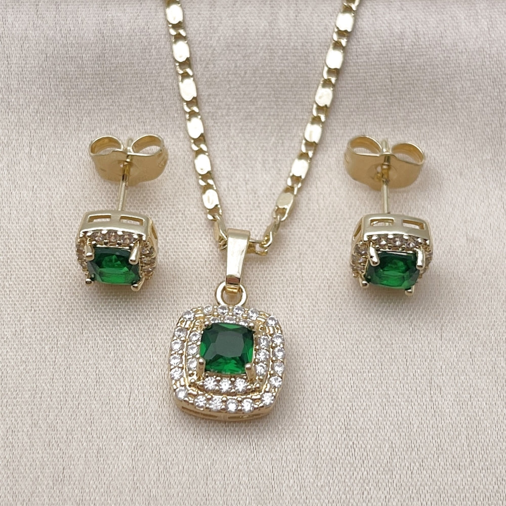 Oro Laminado Earring and Pendant Adult Set, Gold Filled Style Cluster Design, with Green Cubic Zirconia and White Micro Pave, Polished, Golden Finish