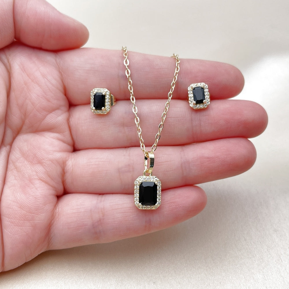 Oro Laminado Earring and Pendant Adult Set, Gold Filled Style Cluster Design, with Black Cubic Zirconia and White Micro Pave, Polished, Golden Finish