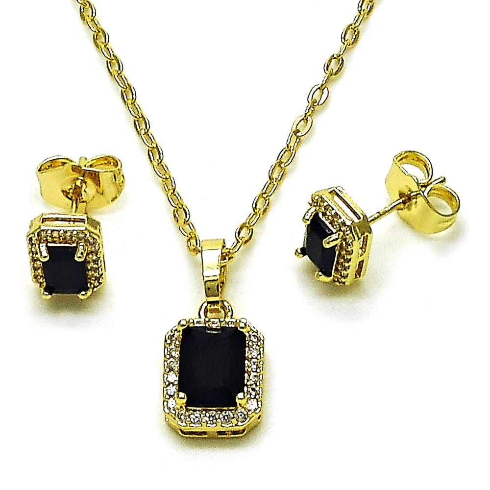 Oro Laminado Earring and Pendant Adult Set, Gold Filled Style Cluster Design, with Black Cubic Zirconia and White Micro Pave, Polished, Golden Finish