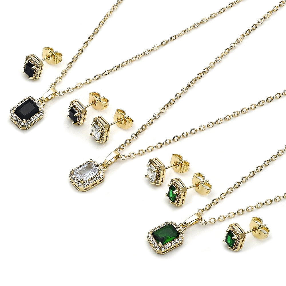 Oro Laminado Earring and Pendant Adult Set, Gold Filled Style Cluster Design, with Black Cubic Zirconia and White Micro Pave, Polished, Golden Finish