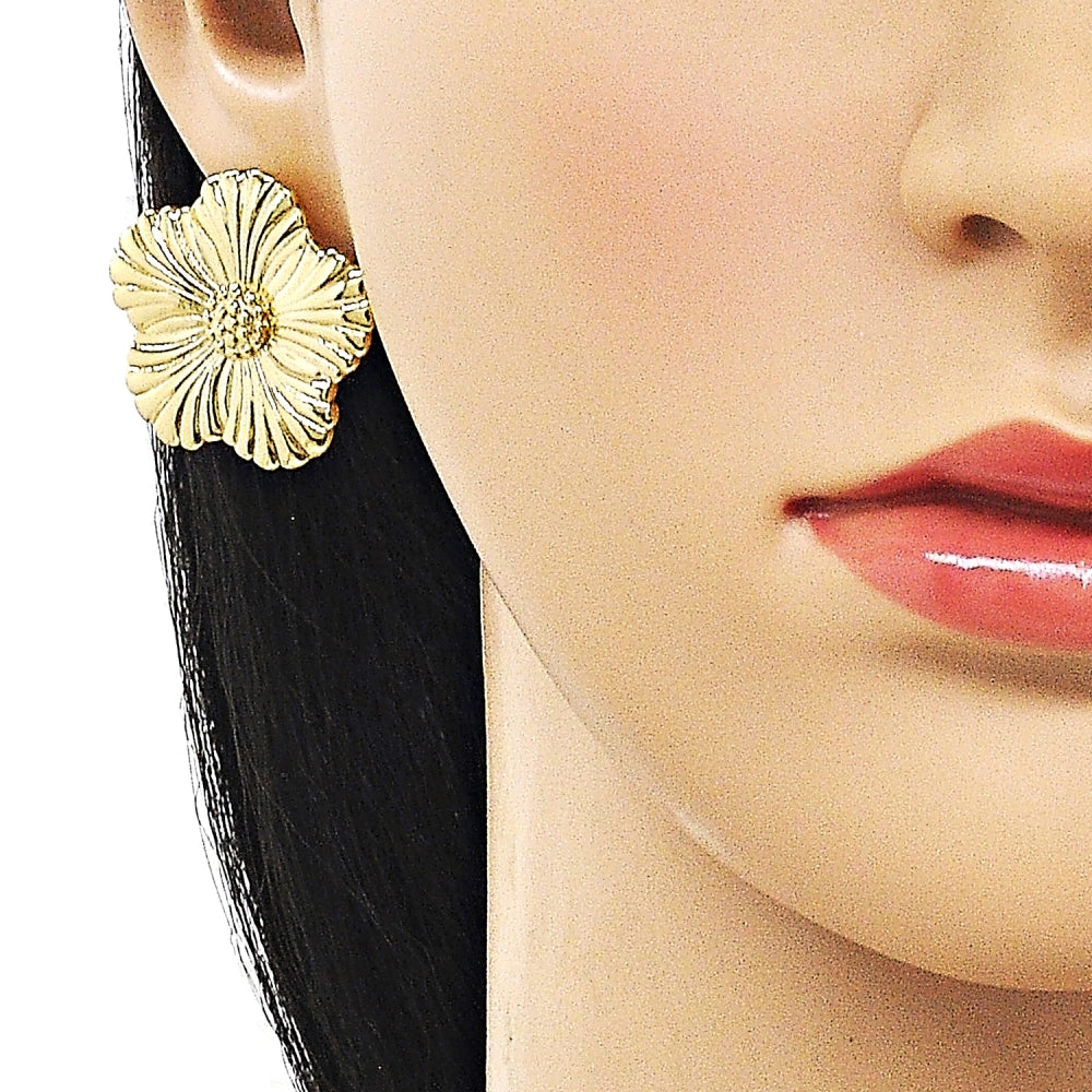 Oro Laminado Stud Earring, Gold Filled Style Flower Design, Polished, Golden Finish