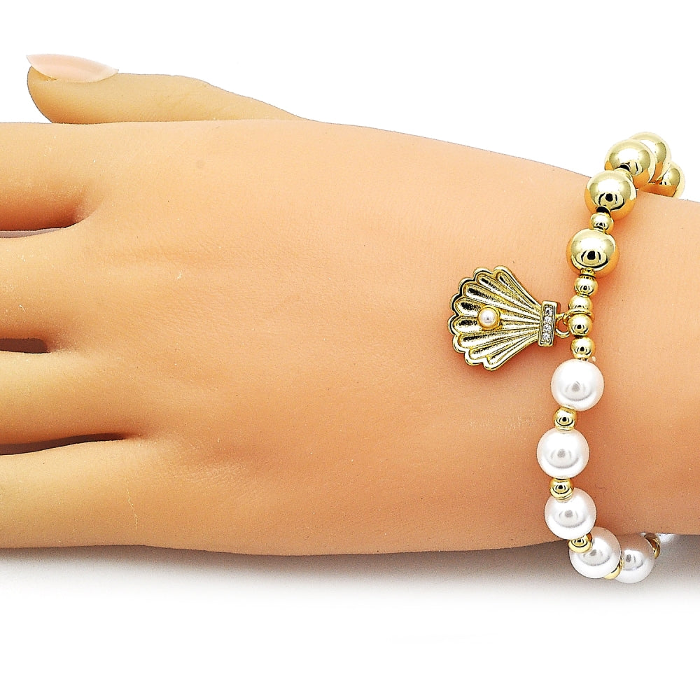 Oro Laminado Fancy Bracelet, Gold Filled Style Shell and Ball Design, with Ivory Pearl and White Micro Pave, Polished, Golden Finish