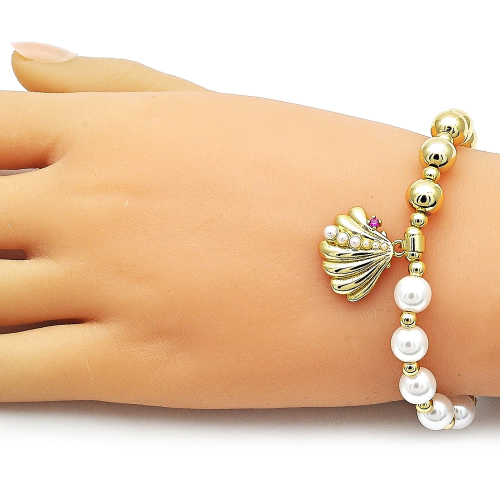 Oro Laminado Fancy Bracelet, Gold Filled Style Shell and Expandable Bead Design, with Ivory Pearl and Ruby Cubic Zirconia, Polished, Golden Finish
