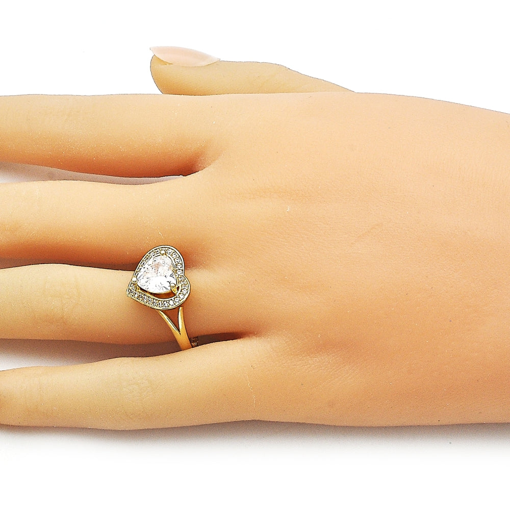 Oro Laminado Multi Stone Ring, Gold Filled Style Heart and Cluster Design, with White Cubic Zirconia and White Micro Pave, Polished, Golden Finish
