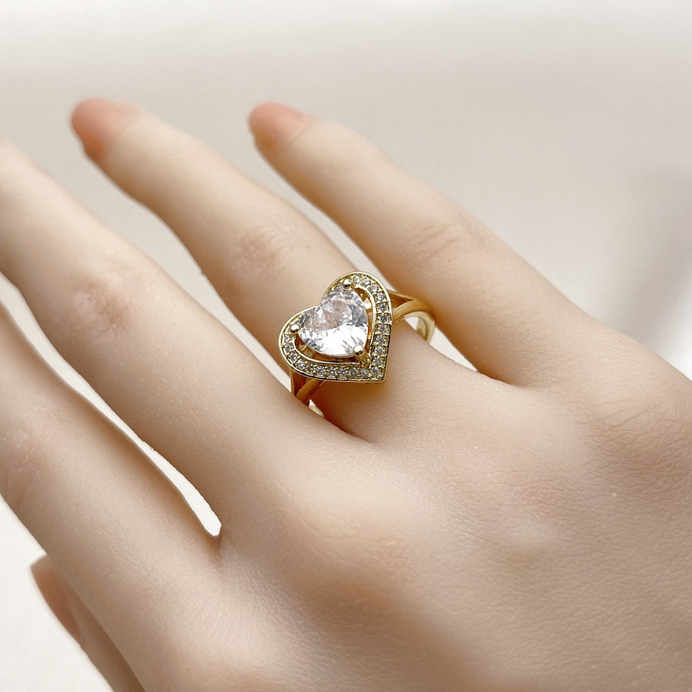 Oro Laminado Multi Stone Ring, Gold Filled Style Heart and Cluster Design, with White Cubic Zirconia and White Micro Pave, Polished, Golden Finish