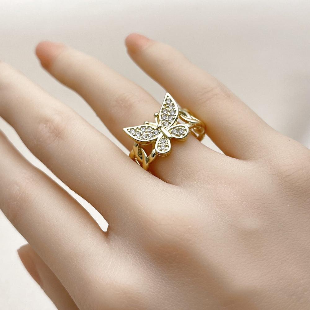 Oro Laminado Multi Stone Ring, Gold Filled Style Butterfly and Miami Cuban Design, with White Cubic Zirconia, Polished, Golden Finish