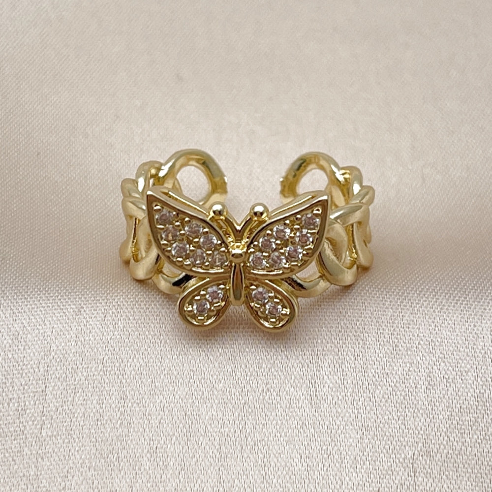 Oro Laminado Multi Stone Ring, Gold Filled Style Butterfly and Miami Cuban Design, with White Cubic Zirconia, Polished, Golden Finish