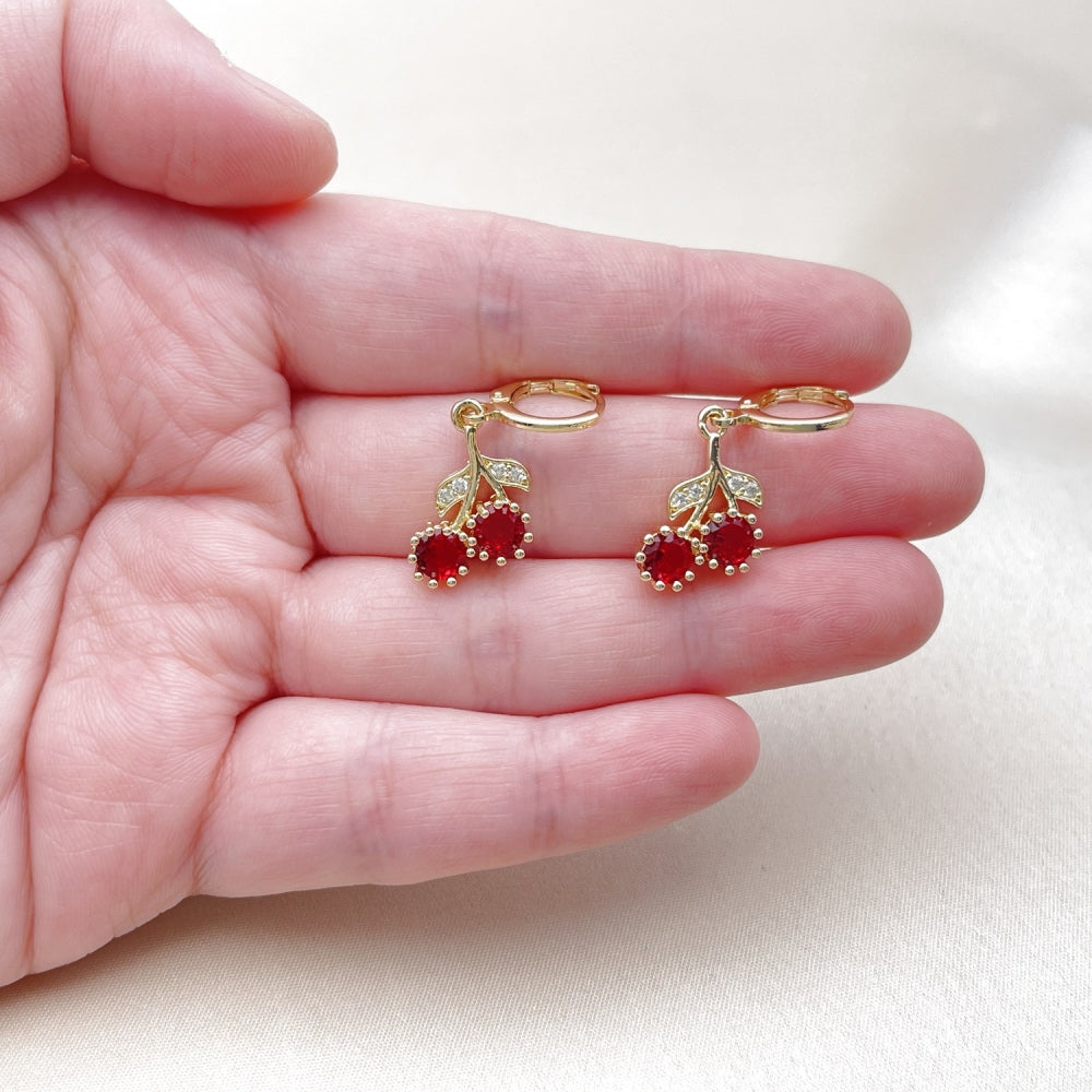Oro Laminado Dangle Earring, Gold Filled Style Cherry Design, with Garnet Cubic Zirconia and White Micro Pave, Polished, Golden Finish