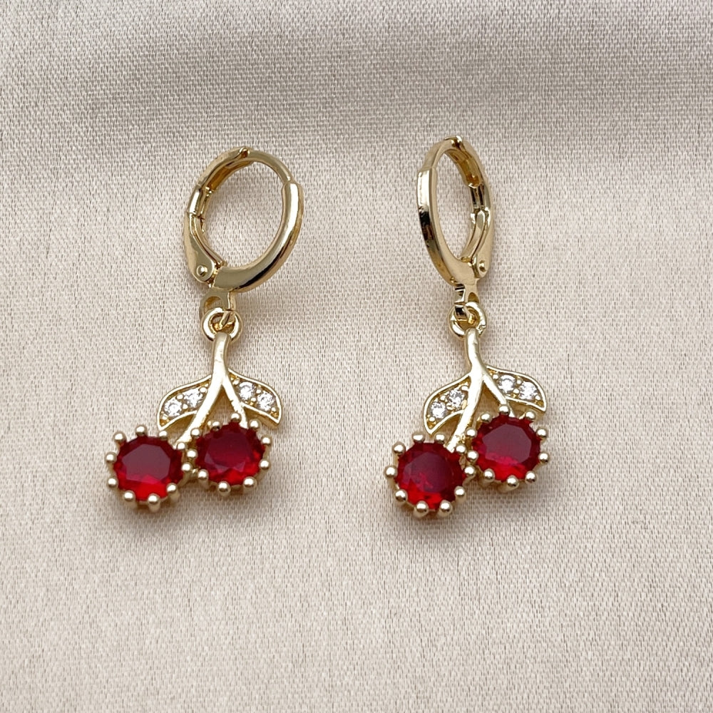 Oro Laminado Dangle Earring, Gold Filled Style Cherry Design, with Garnet Cubic Zirconia and White Micro Pave, Polished, Golden Finish