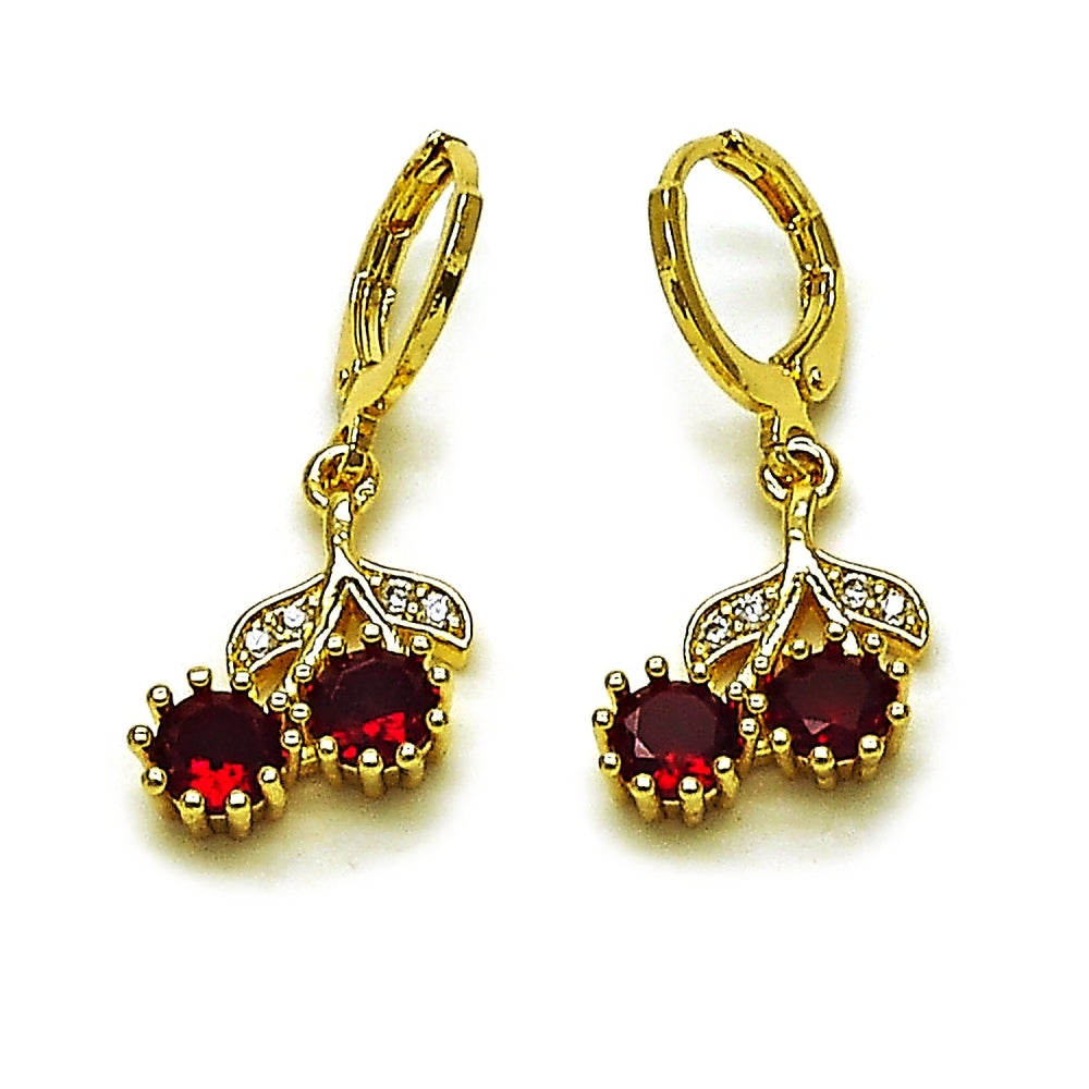 Oro Laminado Dangle Earring, Gold Filled Style Cherry Design, with Garnet Cubic Zirconia and White Micro Pave, Polished, Golden Finish