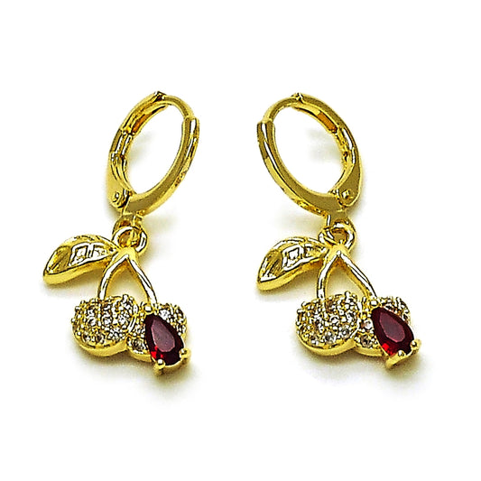 Oro Laminado Dangle Earring, Gold Filled Style Cherry Design, with Garnet Cubic Zirconia and White Micro Pave, Polished, Golden Finish