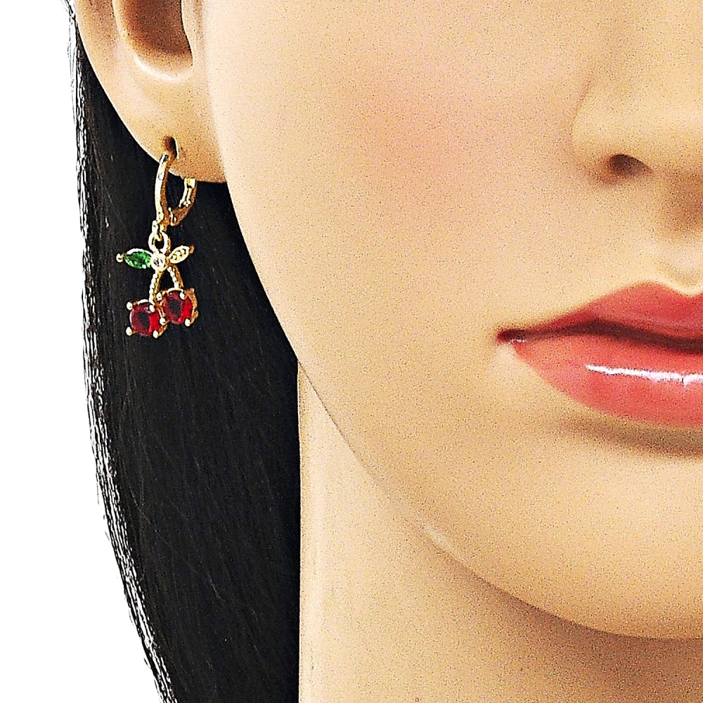 Oro Laminado Dangle Earring, Gold Filled Style Cherry Design, with Garnet and Green Cubic Zirconia, Polished, Golden Finish