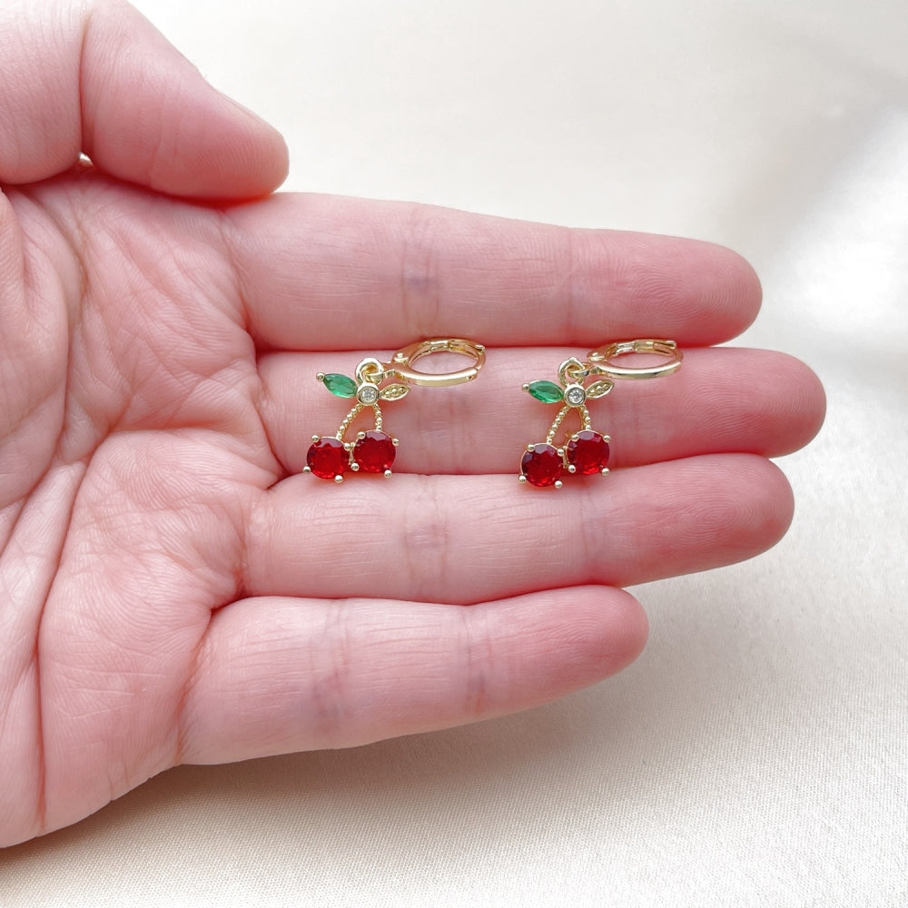 Oro Laminado Dangle Earring, Gold Filled Style Cherry Design, with Garnet and Green Cubic Zirconia, Polished, Golden Finish