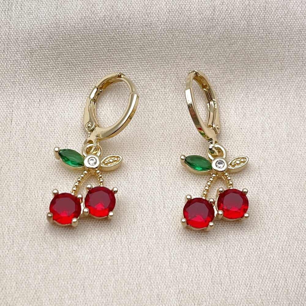 Oro Laminado Dangle Earring, Gold Filled Style Cherry Design, with Garnet and Green Cubic Zirconia, Polished, Golden Finish