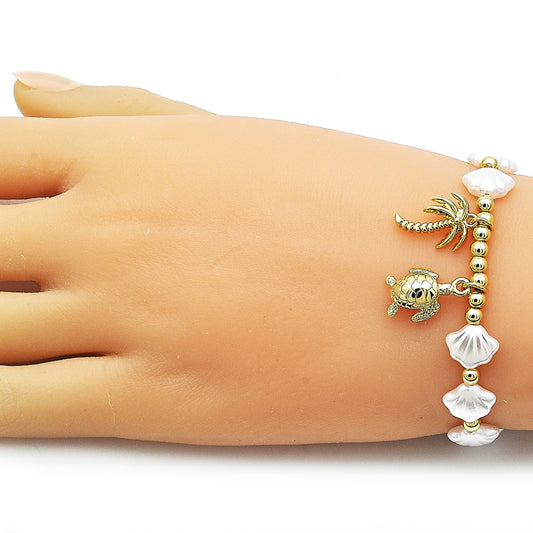 Oro Laminado Fancy Bracelet, Gold Filled Style Turtle and Palm Tree Design, with Ivory Pearl, Polished, Golden Finish