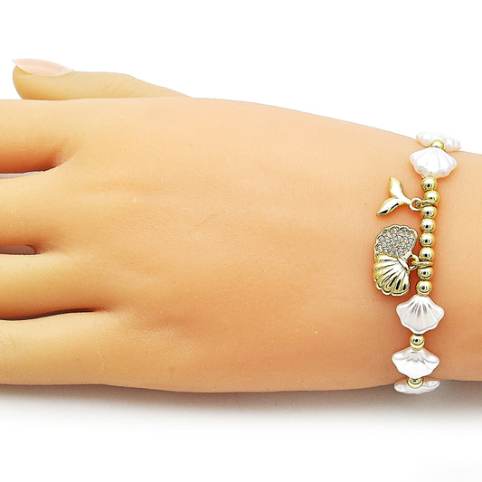 Oro Laminado Fancy Bracelet, Gold Filled Style Shell and Fish Design, with Ivory Pearl and White Micro Pave, Polished, Golden Finish