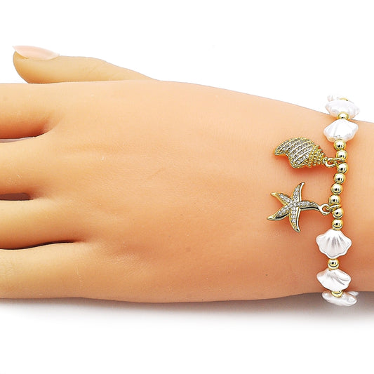 Oro Laminado Fancy Bracelet, Gold Filled Style Star and Snail Design, with Ivory Pearl and White Micro Pave, Polished, Golden Finish