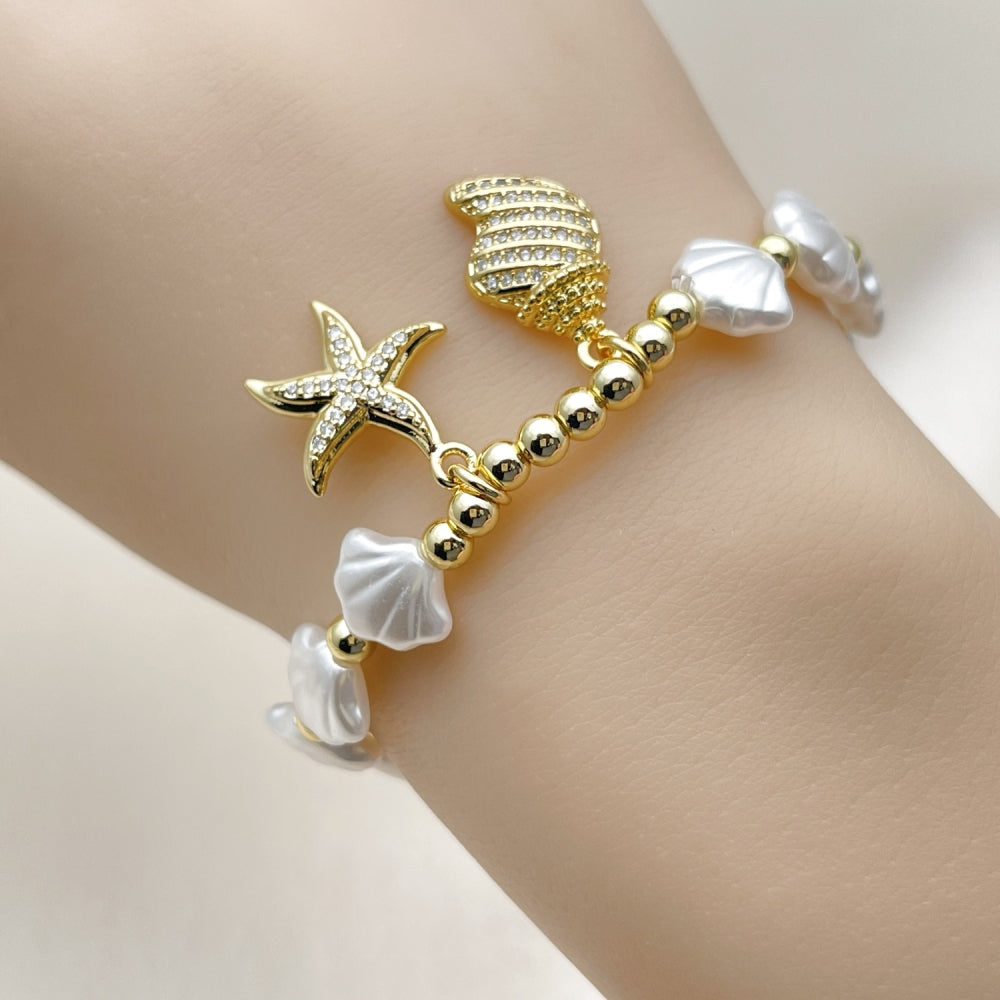 Oro Laminado Fancy Bracelet, Gold Filled Style Star and Snail Design, with Ivory Pearl and White Micro Pave, Polished, Golden Finish
