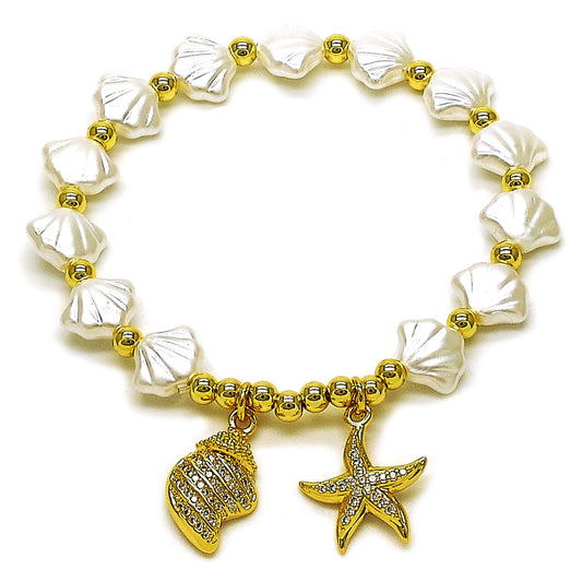 Oro Laminado Fancy Bracelet, Gold Filled Style Star and Snail Design, with Ivory Pearl and White Micro Pave, Polished, Golden Finish