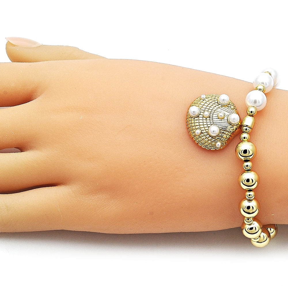 Oro Laminado Fancy Bracelet, Gold Filled Style Shell and Expandable Bead Design, with Ivory Pearl, Polished, Golden Finish