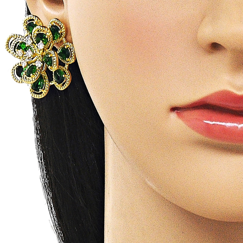 Oro Laminado Stud Earring, Gold Filled Style Flower and Teardrop Design, with Green and White Cubic Zirconia, Diamond Cutting Finish, Golden Finish
