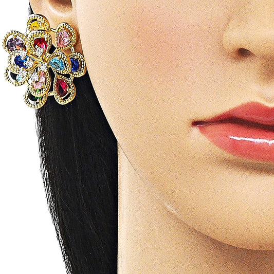 Oro Laminado Stud Earring, Gold Filled Style Flower and Teardrop Design, with Multicolor and White Cubic Zirconia, Diamond Cutting Finish, Golden Finish