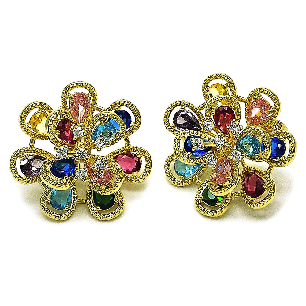 Oro Laminado Stud Earring, Gold Filled Style Flower and Teardrop Design, with Multicolor and White Cubic Zirconia, Diamond Cutting Finish, Golden Finish