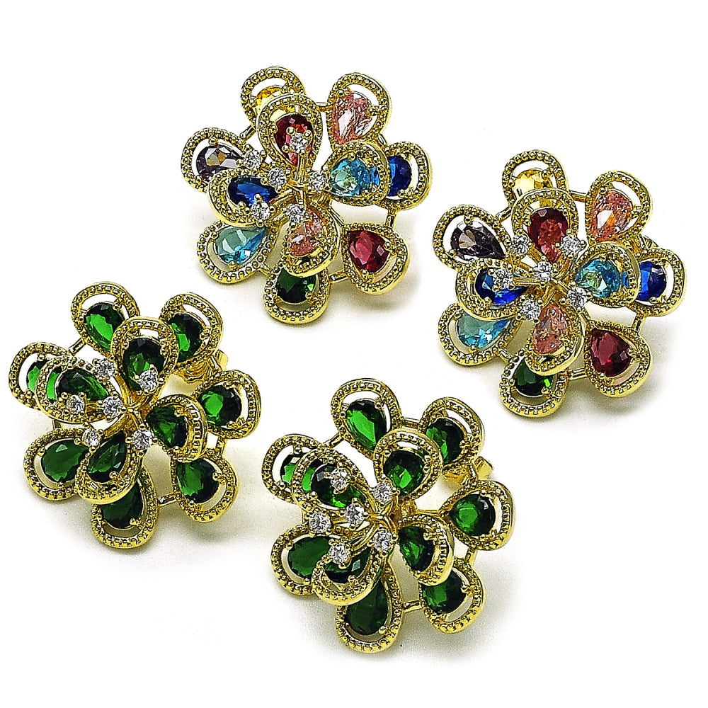 Oro Laminado Stud Earring, Gold Filled Style Flower and Teardrop Design, with Multicolor and White Cubic Zirconia, Diamond Cutting Finish, Golden Finish