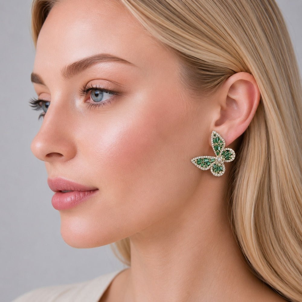 Oro Laminado Stud Earring, Gold Filled Style Butterfly and Baguette Design, with Green and White Cubic Zirconia, Polished, Golden Finish