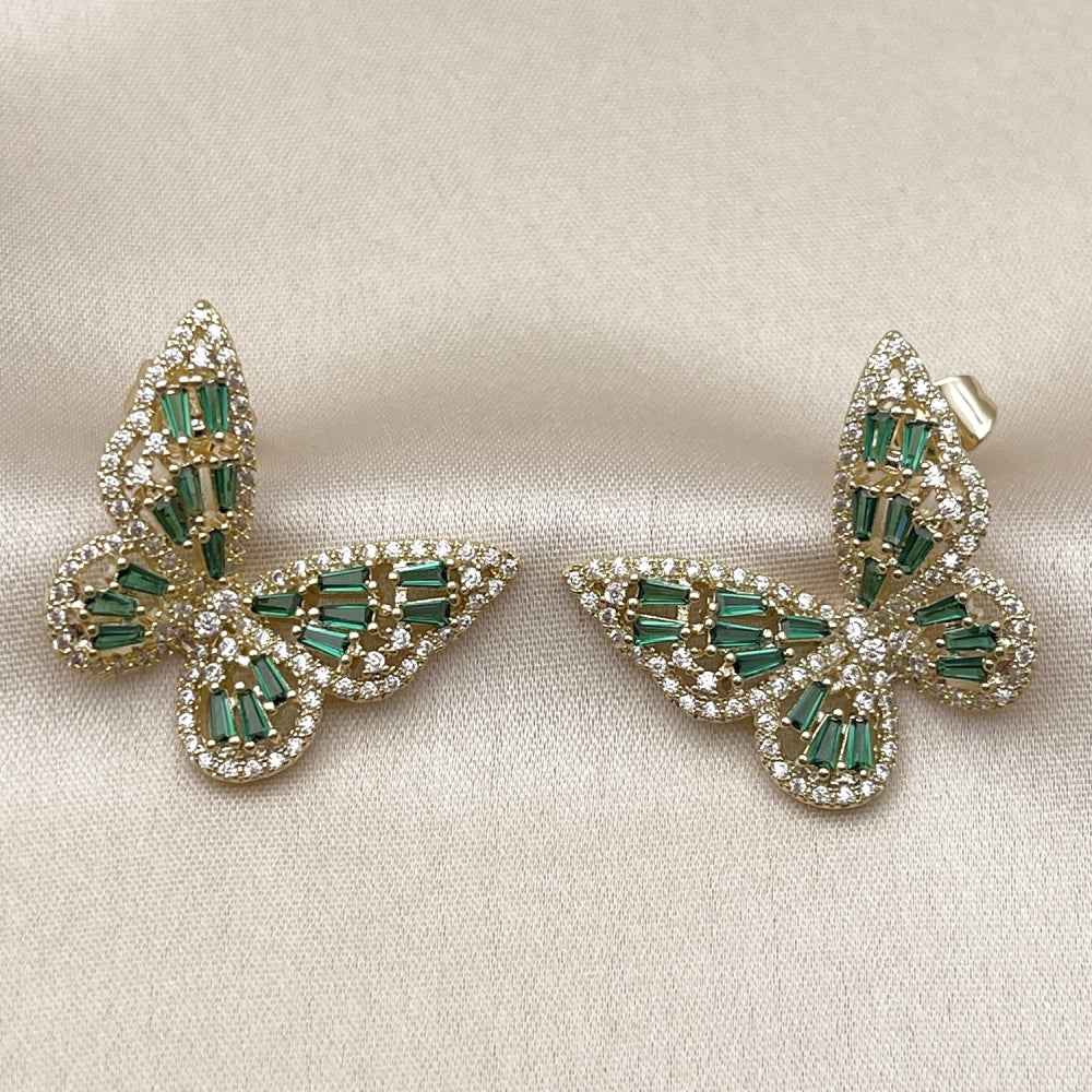 Oro Laminado Stud Earring, Gold Filled Style Butterfly and Baguette Design, with Green and White Cubic Zirconia, Polished, Golden Finish