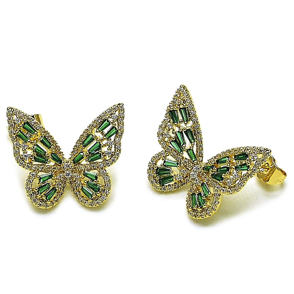 Oro Laminado Stud Earring, Gold Filled Style Butterfly and Baguette Design, with Green and White Cubic Zirconia, Polished, Golden Finish
