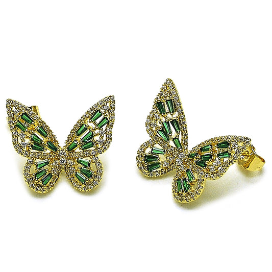 Oro Laminado Stud Earring, Gold Filled Style Butterfly and Baguette Design, with Green and White Cubic Zirconia, Polished, Golden Finish