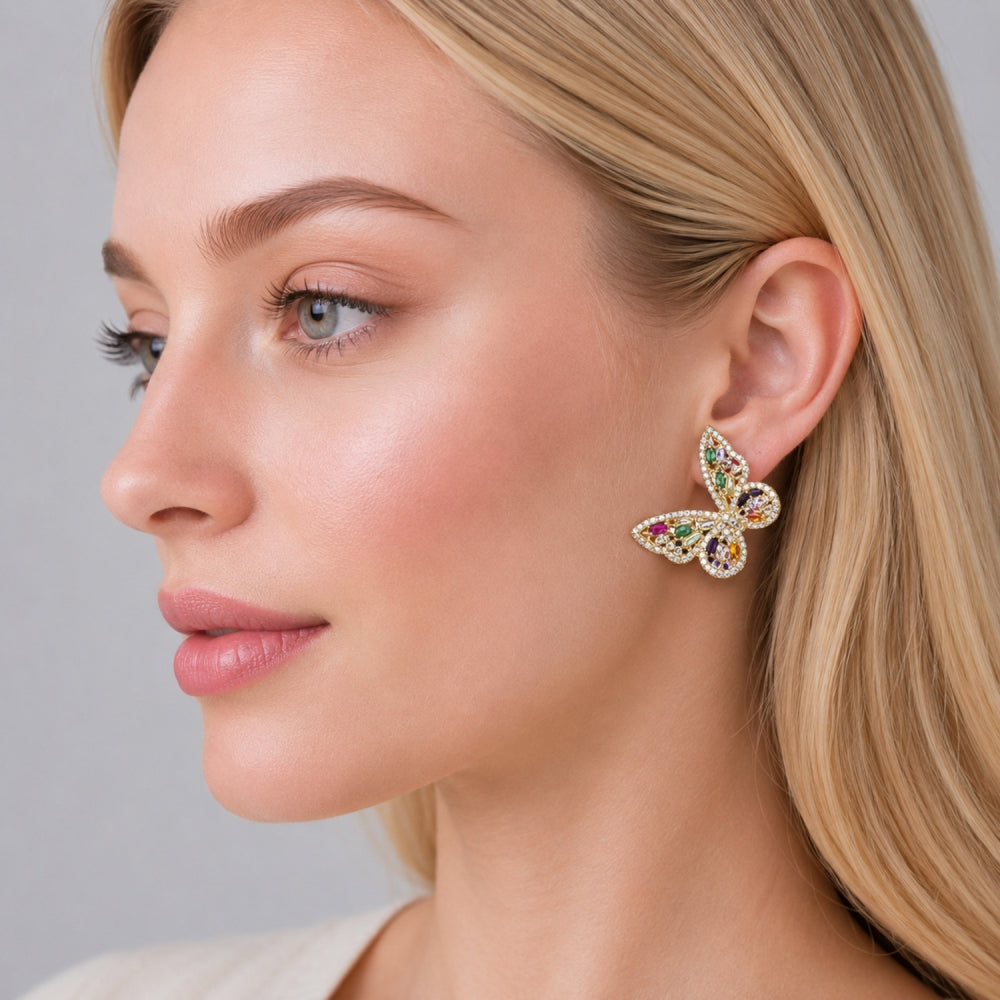Oro Laminado Stud Earring, Gold Filled Style Butterfly and Baguette Design, with Multicolor and White Cubic Zirconia, Polished, Golden Finish