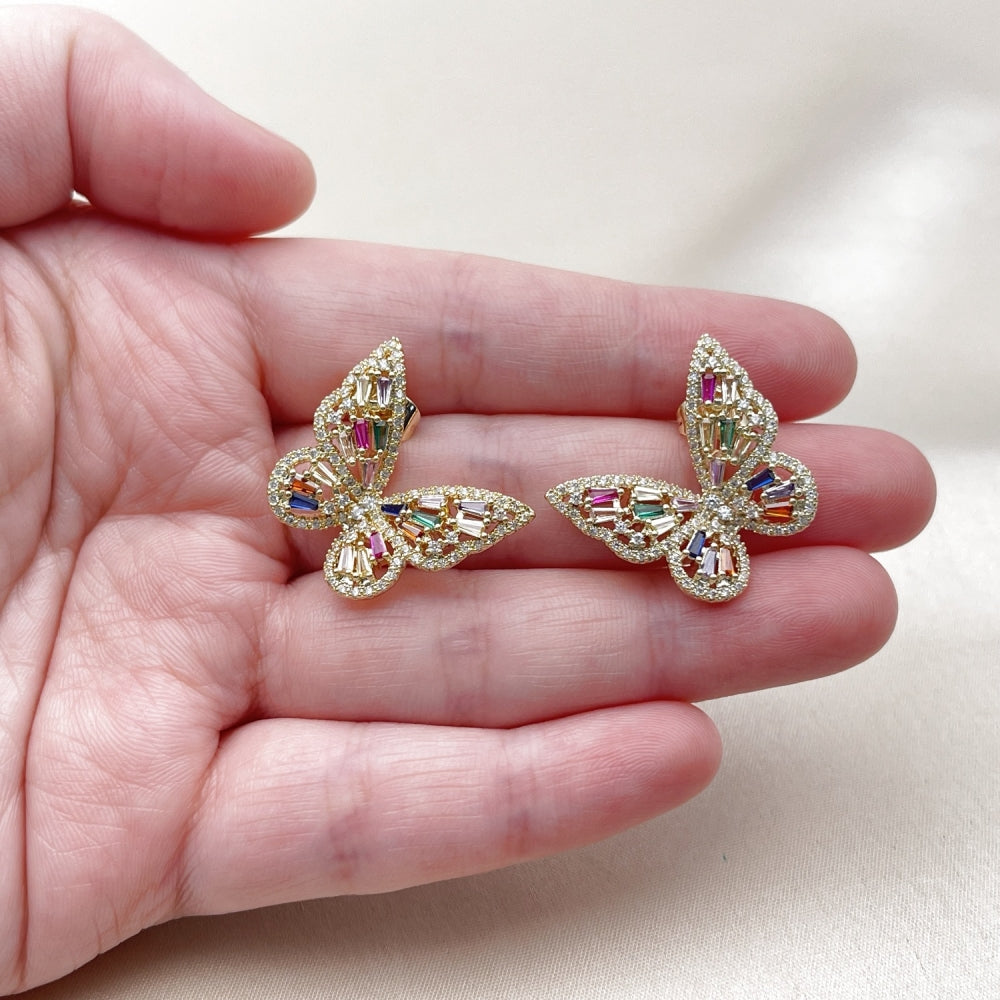 Oro Laminado Stud Earring, Gold Filled Style Butterfly and Baguette Design, with Multicolor and White Cubic Zirconia, Polished, Golden Finish