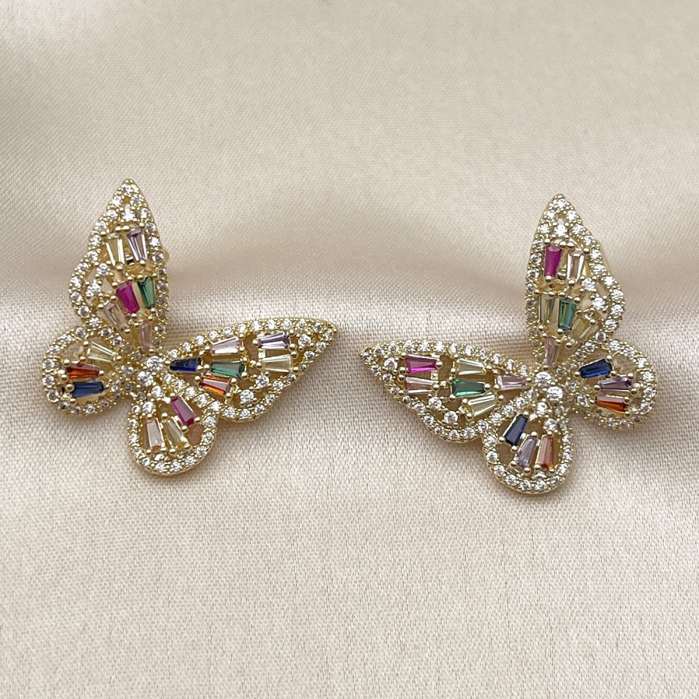 Oro Laminado Stud Earring, Gold Filled Style Butterfly and Baguette Design, with Multicolor and White Cubic Zirconia, Polished, Golden Finish