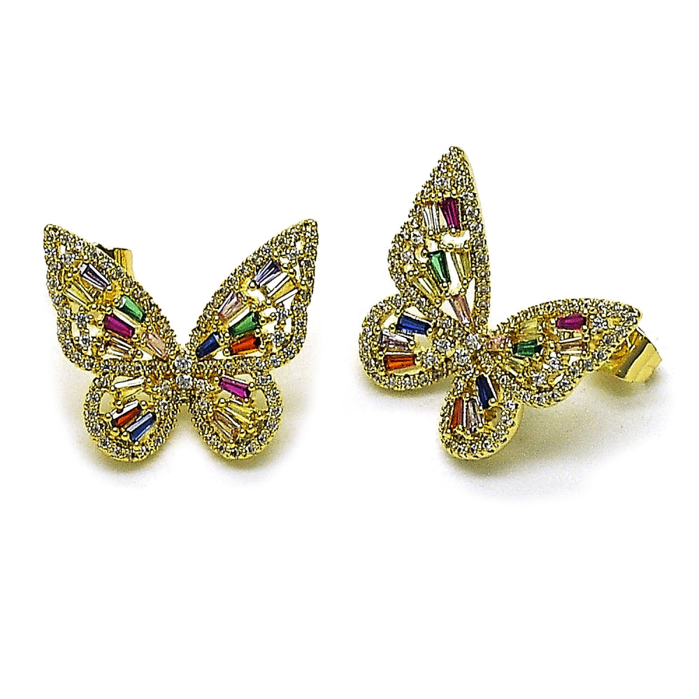 Oro Laminado Stud Earring, Gold Filled Style Butterfly and Baguette Design, with Multicolor and White Cubic Zirconia, Polished, Golden Finish