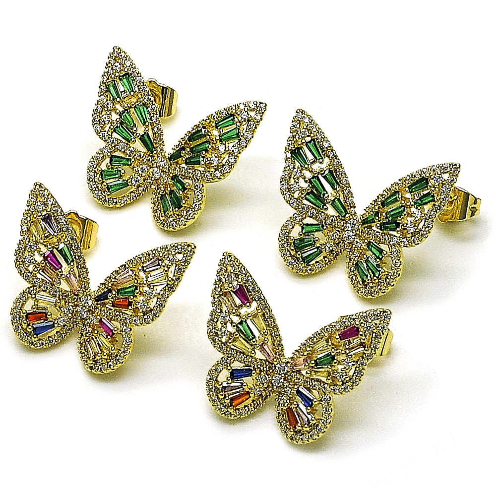 Oro Laminado Stud Earring, Gold Filled Style Butterfly and Baguette Design, with Multicolor and White Cubic Zirconia, Polished, Golden Finish