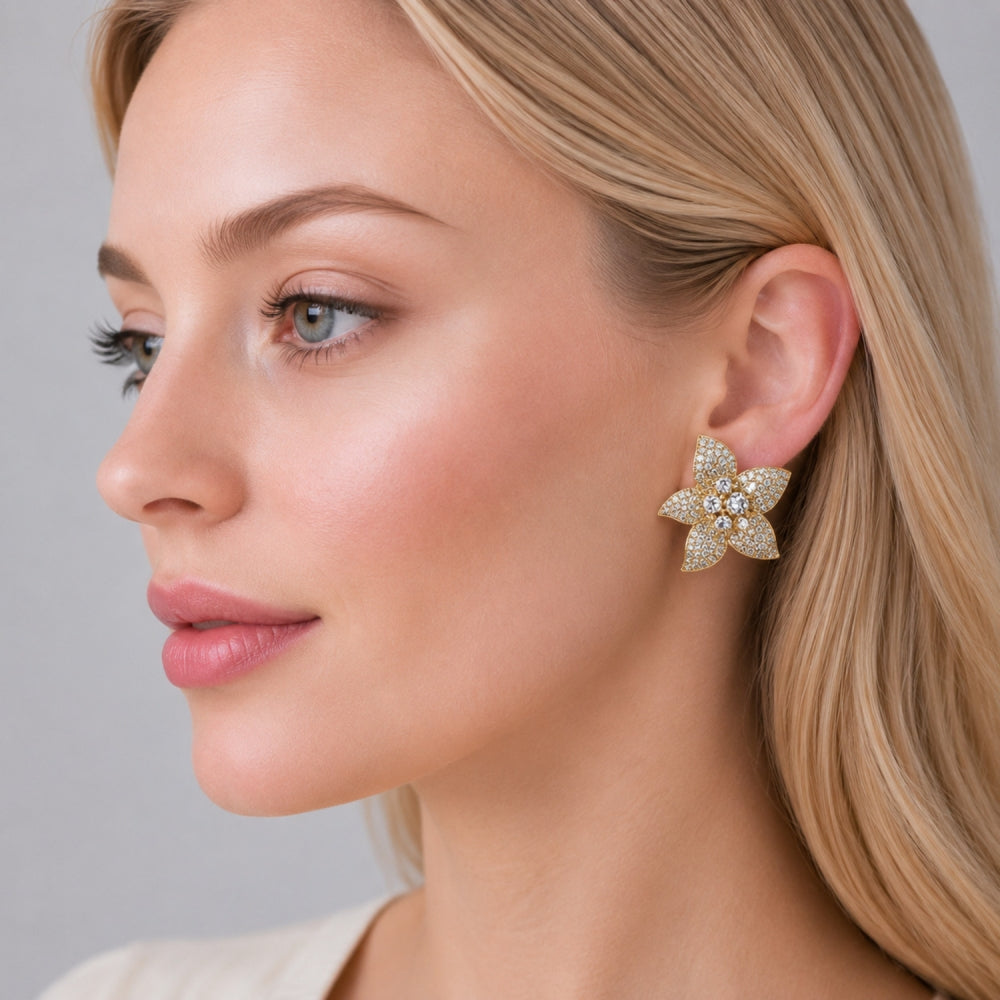 Oro Laminado Stud Earring, Gold Filled Style Flower Design, with White Cubic Zirconia and White Micro Pave, Polished, Golden Finish